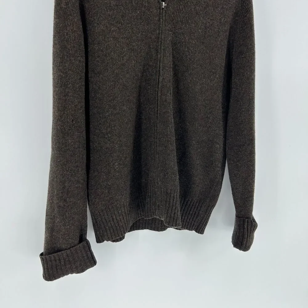 J.Crew 100% Lambswool Full Zip Cardigan Woman's L Brown Chunky Sweater Granny